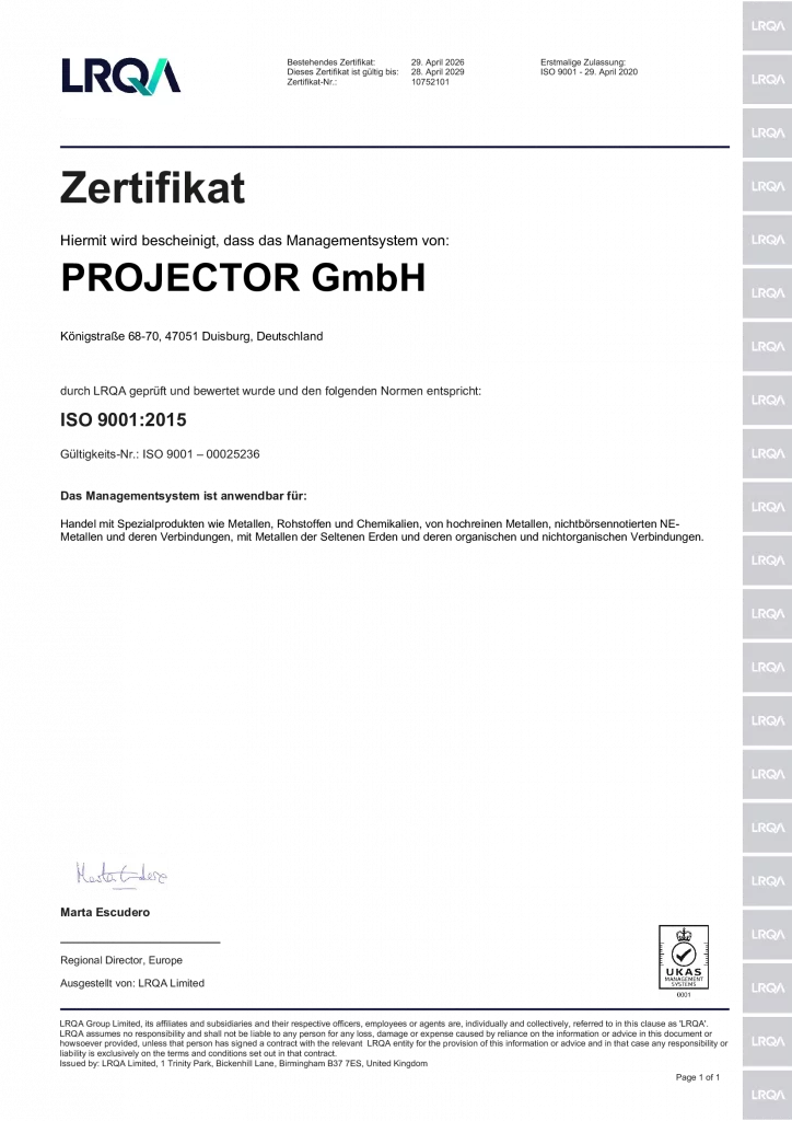 ISO 9001:2015 Zertifikat der PROJECTOR GmbH für Qualitätsmanagement im Rohstoffhandel