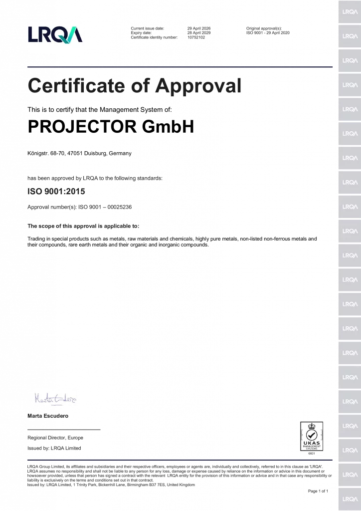 ISO 9001:2015 Certificate for PROJECTOR GmbH for Quality Management in the Raw Materials Trade